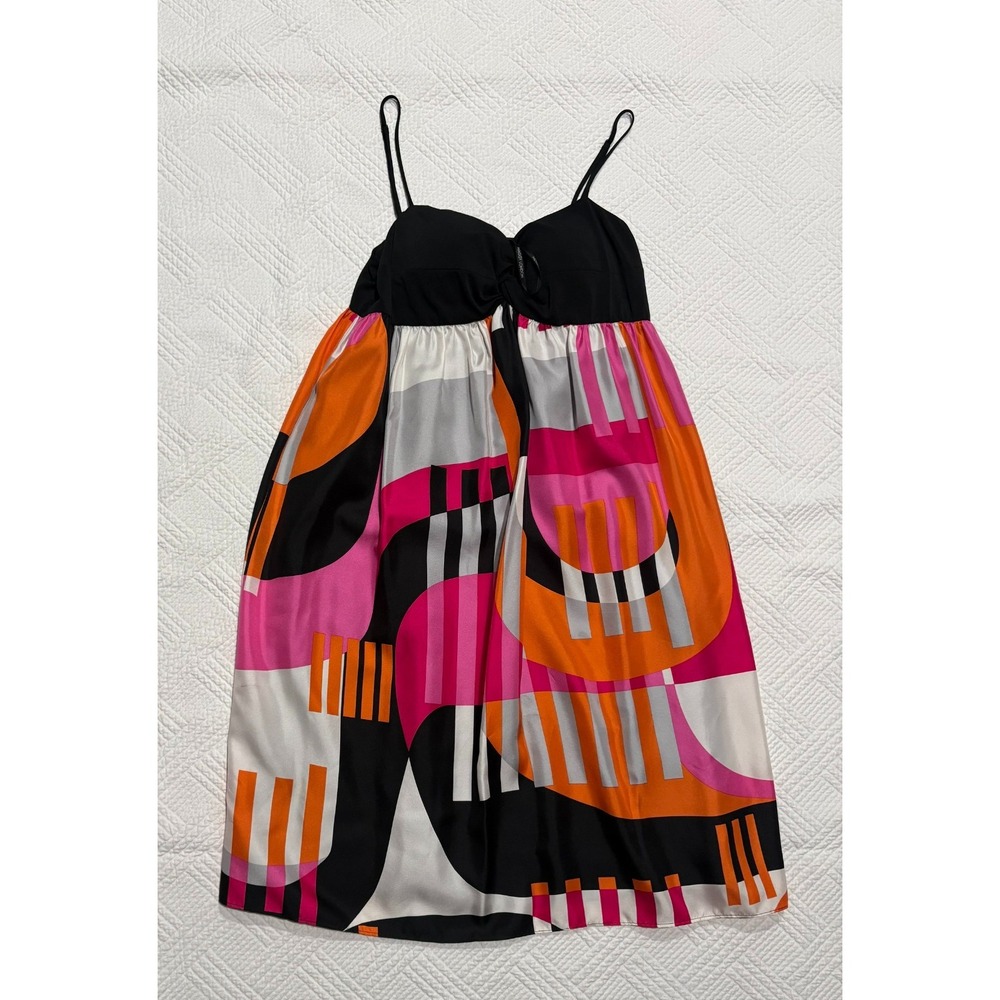 Maggy London Women's Size 12 Retro Mod Babydoll Silk Dress Black Pink Geometric